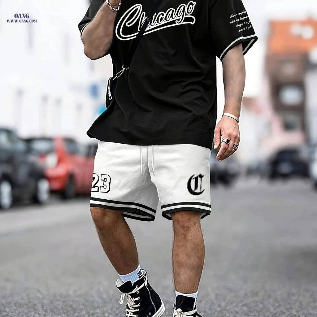 Casual Men's Print Set - Round-Neck T-Shirt & Drawstring Shorts   OAXG Mixed colors / FR S