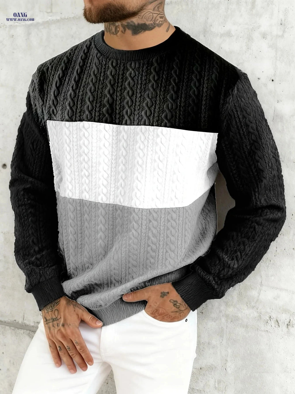 Casual Men’s Pullover Sweatshirt - Jacquard Heart Design for Sports   OAXG White light coffee khaki / FR S