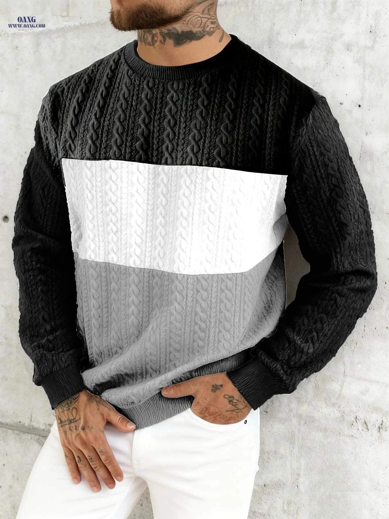 Casual Men’s Pullover Sweatshirt - Jacquard Heart Design for Sports   OAXG White light coffee khaki / FR S