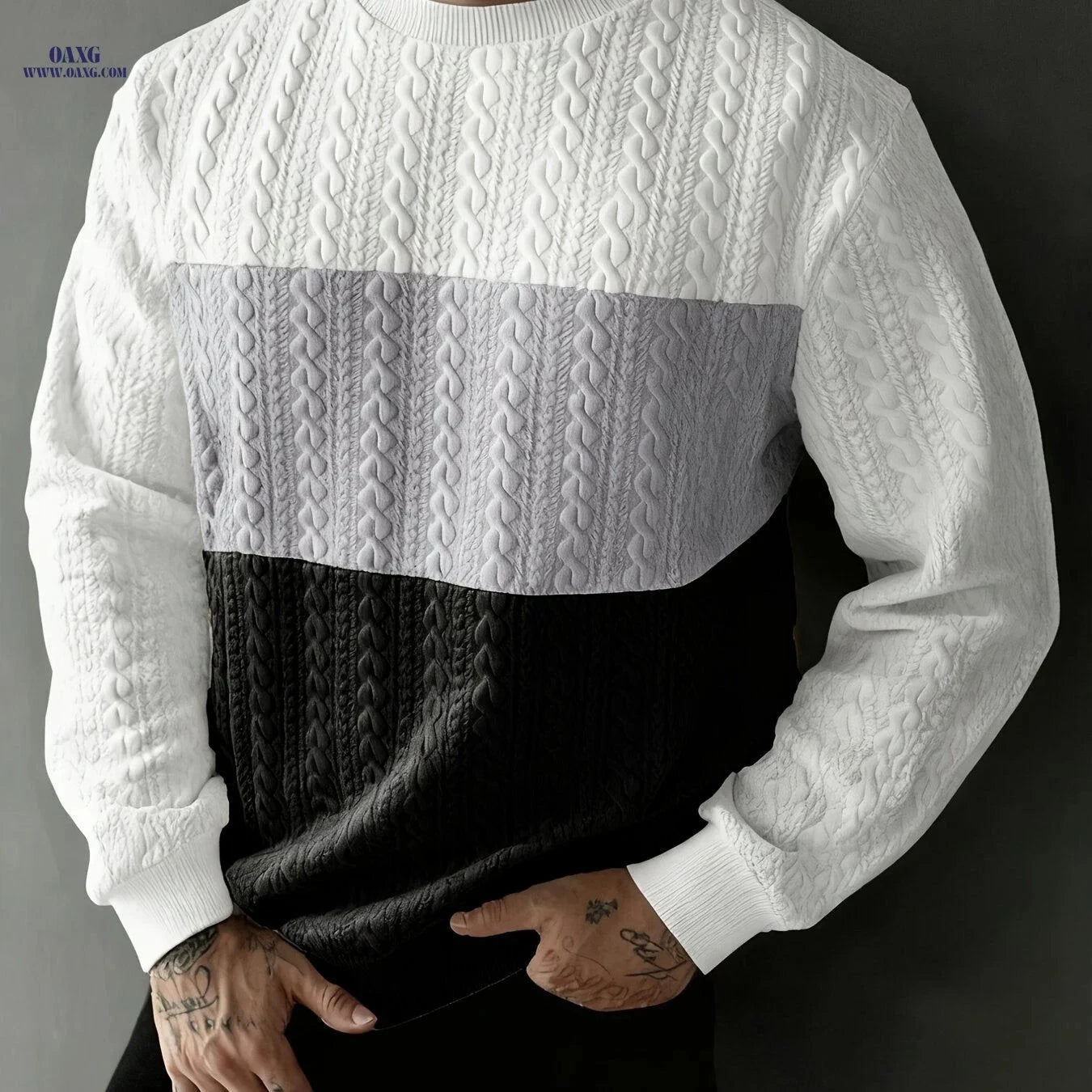 Casual Men’s Pullover Sweatshirt - Jacquard Heart Design for Sports   OAXG White light coffee khaki / FR S
