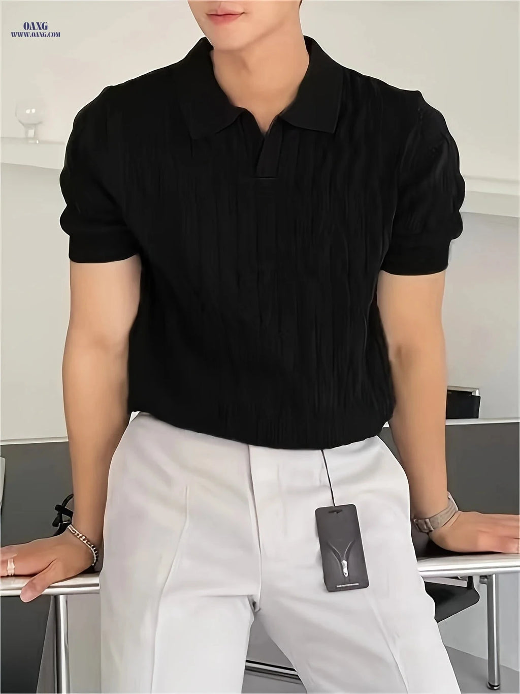 Casual Men's Short Sleeve Knit Polo Shirt - Viscose Blend Top   OAXG Ivory White / FR XXS