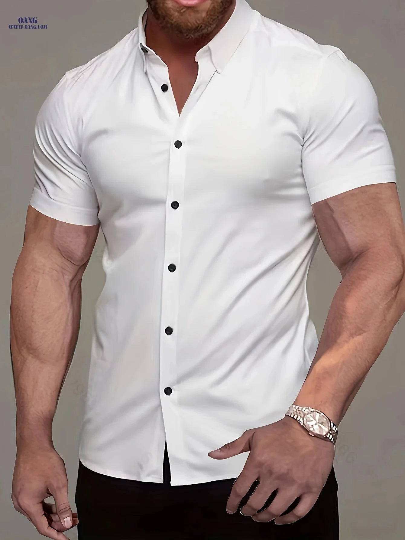 Casual Men's Short-Sleeve Turn-Collar Shirt - Solid Color Sport Style   OAXG Grey / FR XL