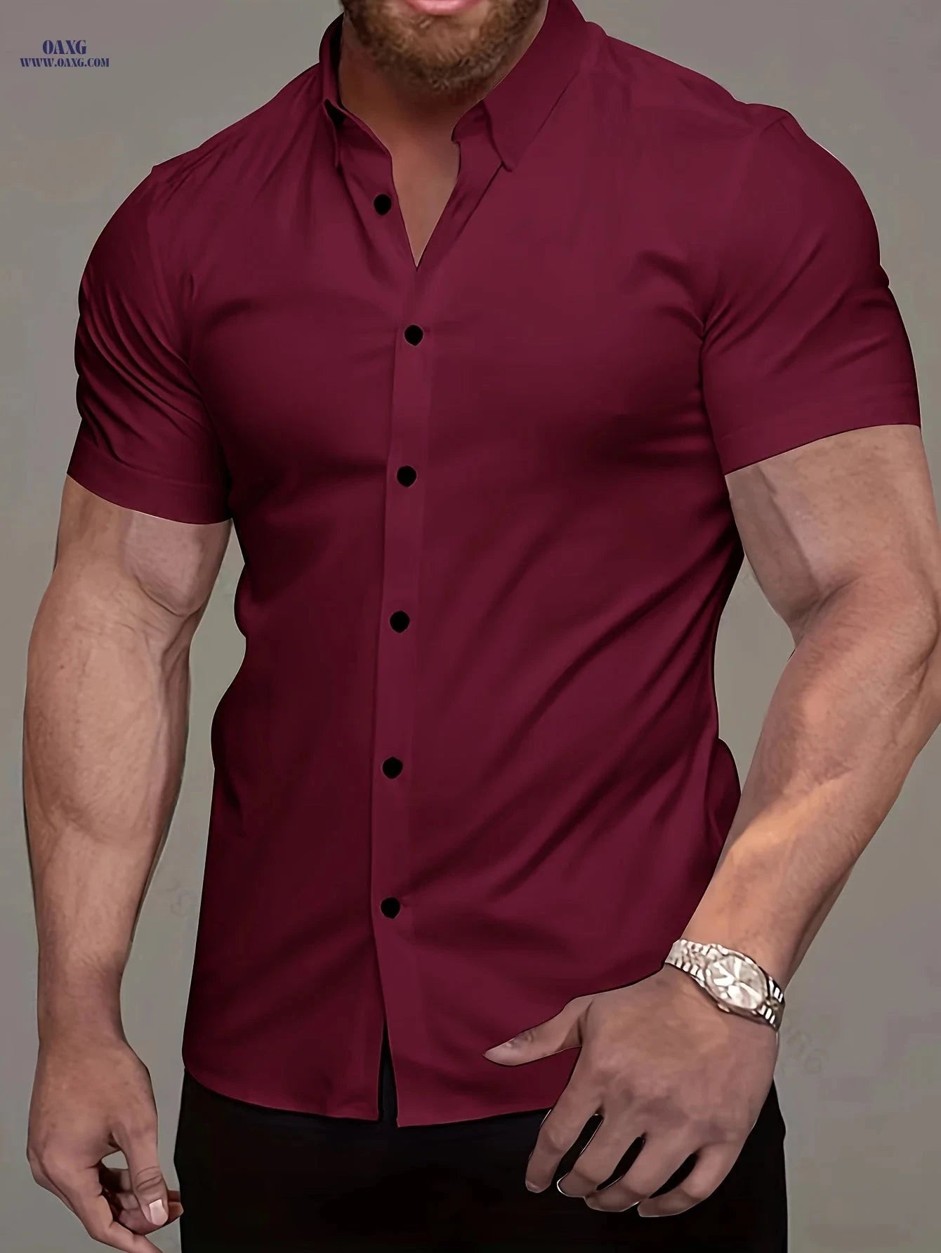 Casual Men's Short-Sleeve Turn-Collar Shirt - Solid Color Sport Style   OAXG 