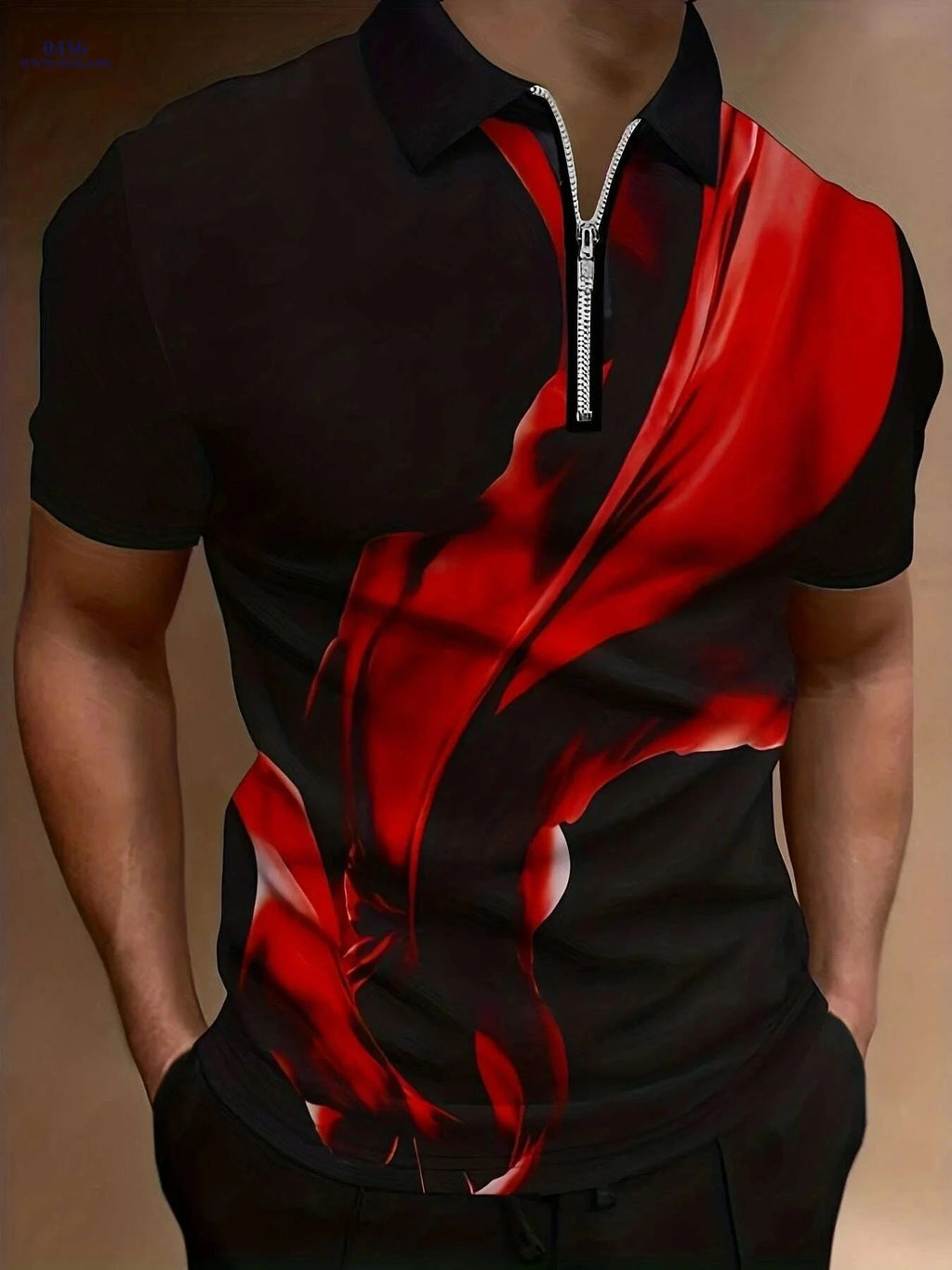 Casual Men's Short Sleeve Zipper Shirt - Comfortable Summer Style   OAXG Scarlet red / M