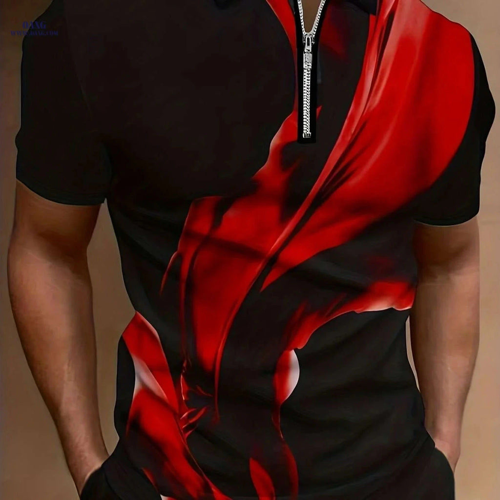Casual Men's Short Sleeve Zipper Shirt - Comfortable Summer Style   OAXG Scarlet red / M