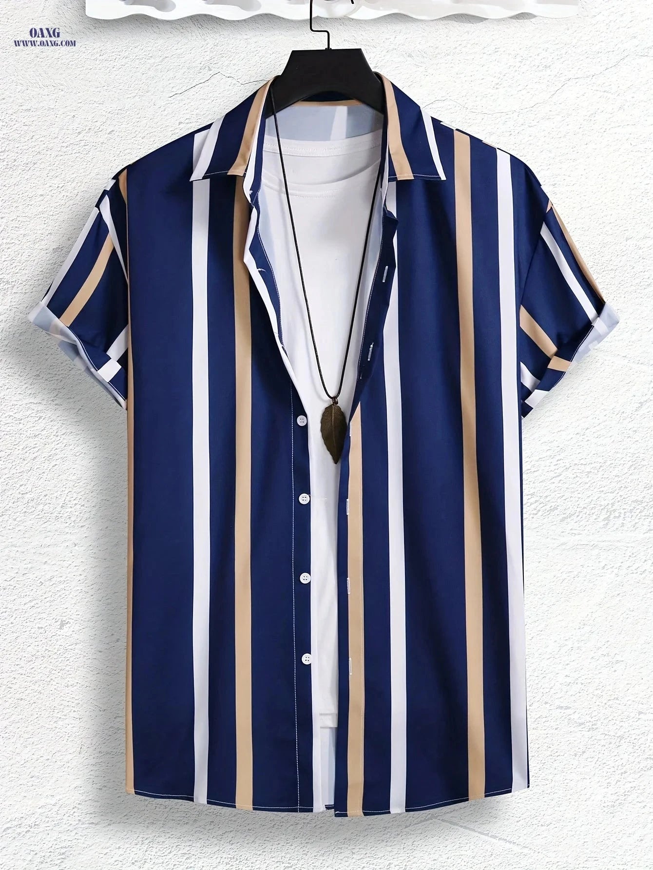 Casual Men's Stripe Graphic Print Shirt - Short Sleeve for Summer   OAXG Blue / FR S