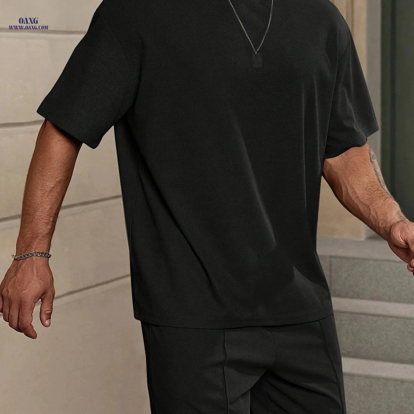 Casual Men's Suit - Polyester Solid Color, Loose Fit, Sports Style   OAXG Black / FR S