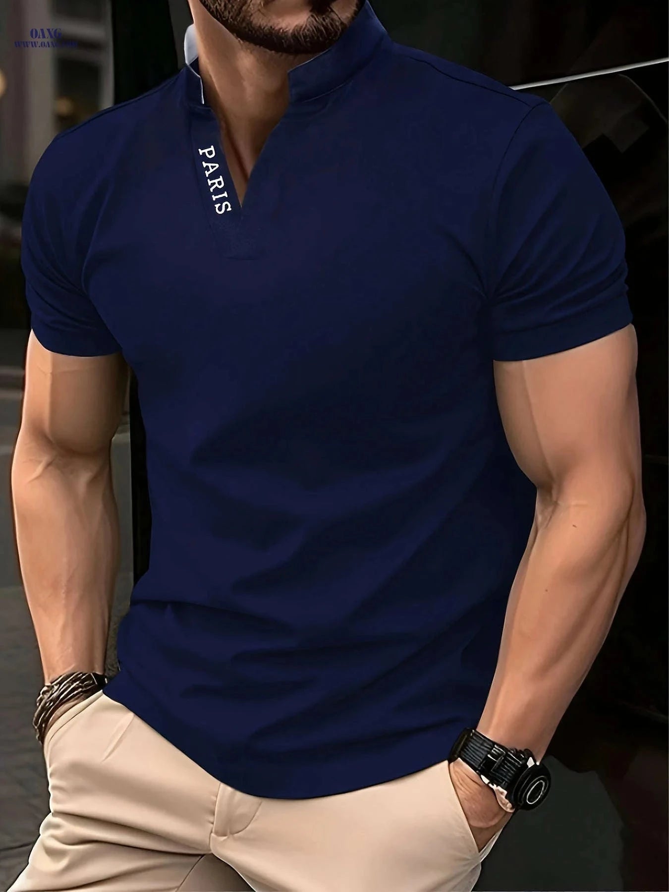 Casual Men's V-Neck Short Sleeve Shirt - Summer Polyester Style   OAXG 