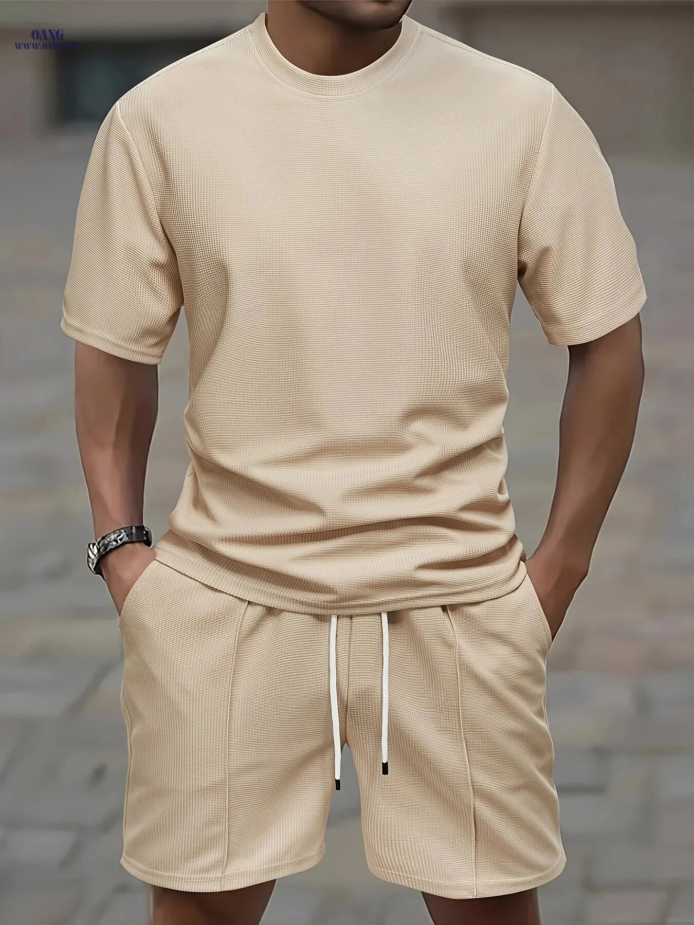 Casual Men’s Waffle Short Sleeve T-Shirt & Drawstring Shorts Set   OAXG 