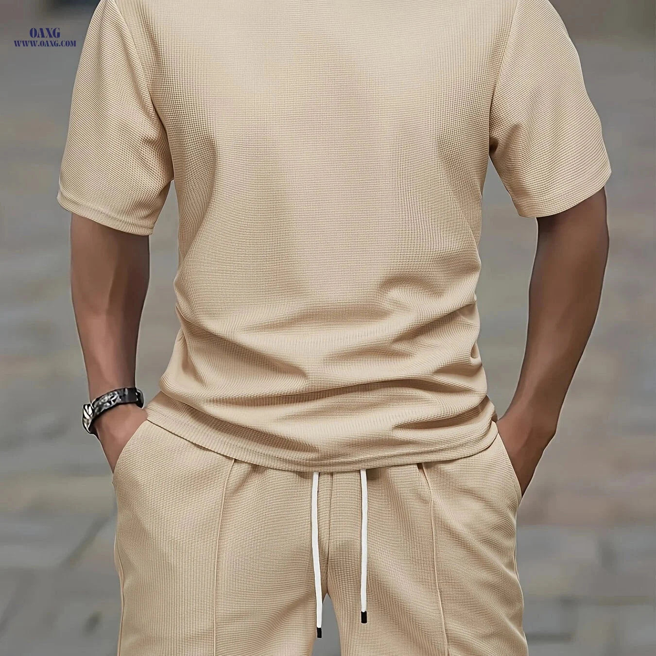 Casual Men’s Waffle Short Sleeve T-Shirt & Drawstring Shorts Set   OAXG 