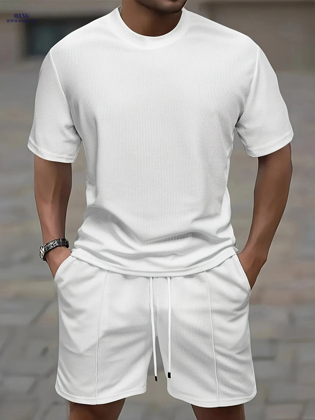 Casual Men’s Waffle Short Sleeve T-Shirt & Drawstring Shorts Set   OAXG Black / FR S