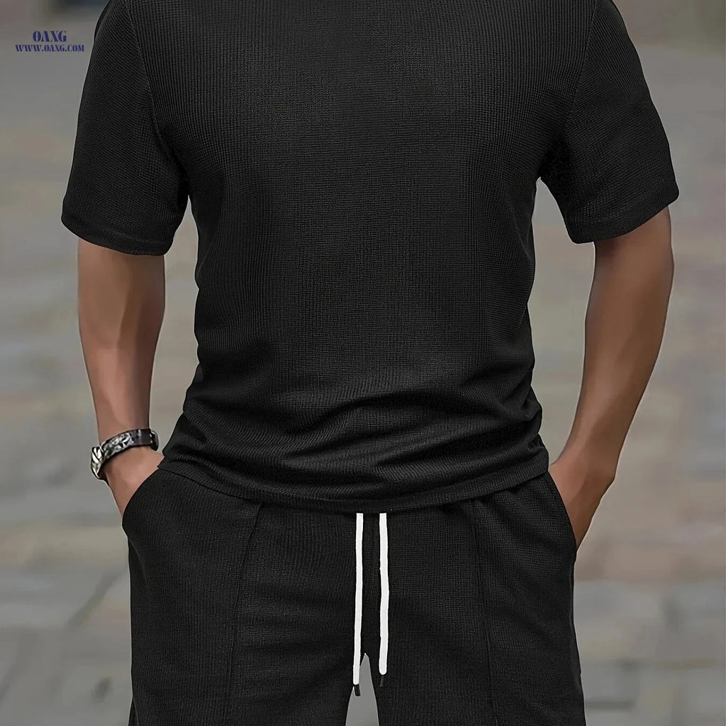 Casual Men’s Waffle Short Sleeve T-Shirt & Drawstring Shorts Set   OAXG Black / FR S