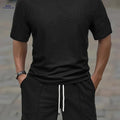 Casual Men’s Waffle Short Sleeve T-Shirt & Drawstring Shorts Set   OAXG Black / FR S
