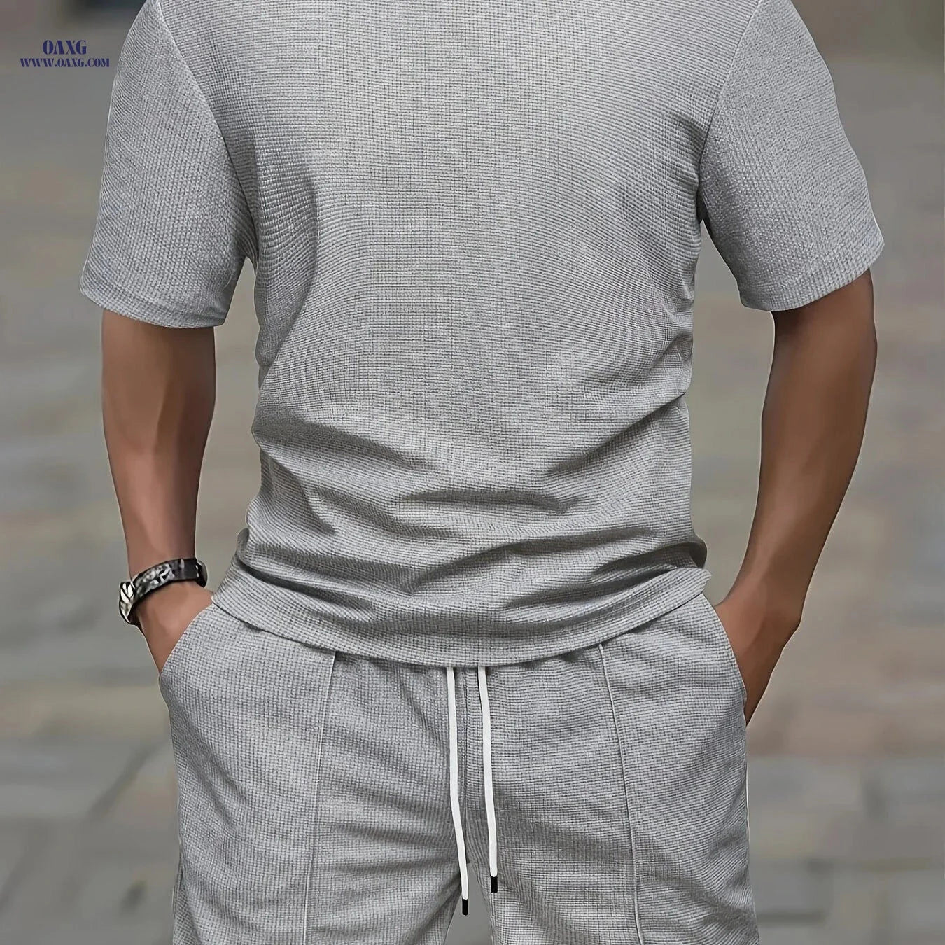 Casual Men’s Waffle Short Sleeve T-Shirt & Drawstring Shorts Set   OAXG Black / FR S