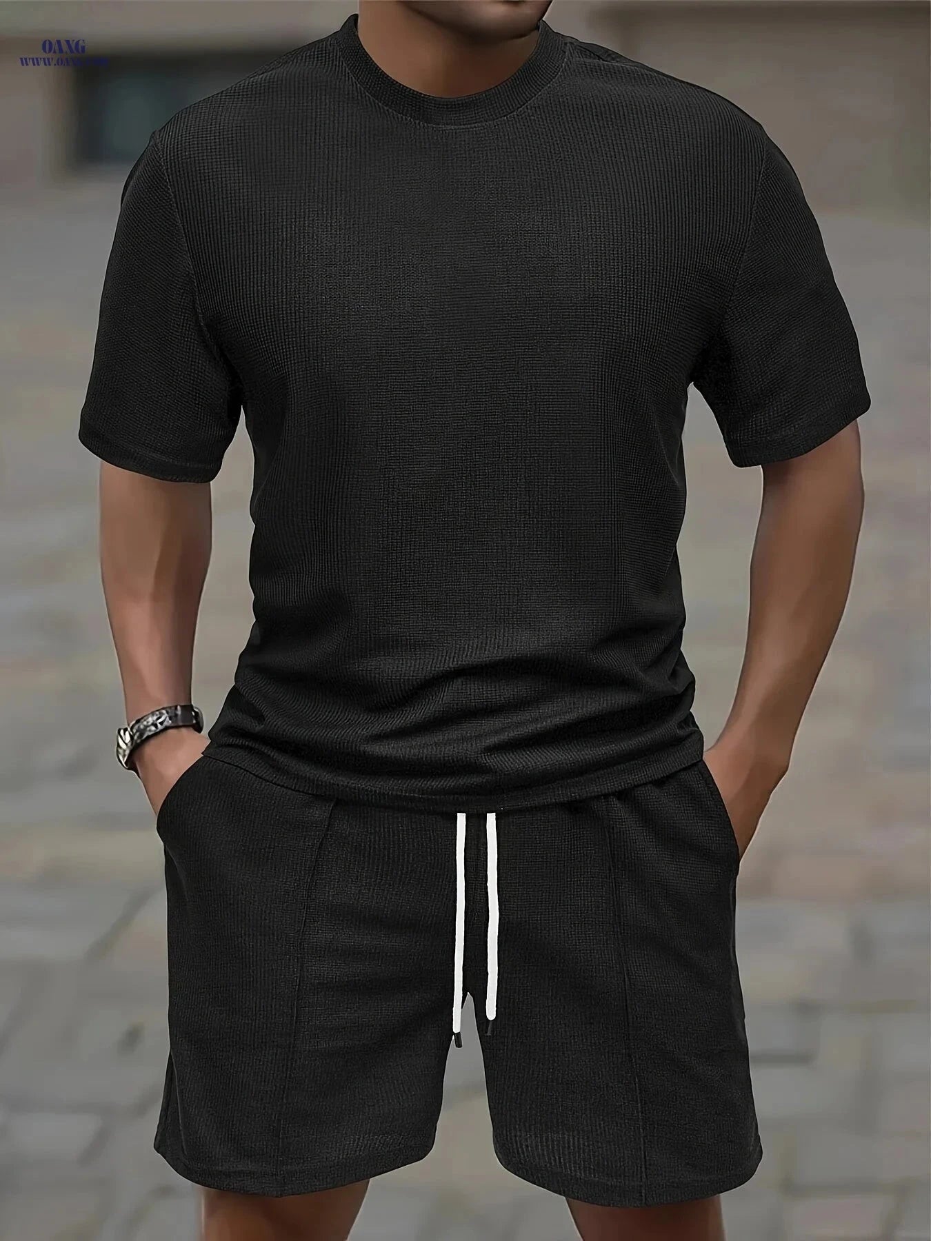 Casual Men’s Waffle Short Sleeve T-Shirt & Drawstring Shorts Set   OAXG 