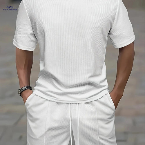 Casual Men’s Waffle Short Sleeve T-Shirt & Drawstring Shorts Set   OAXG 