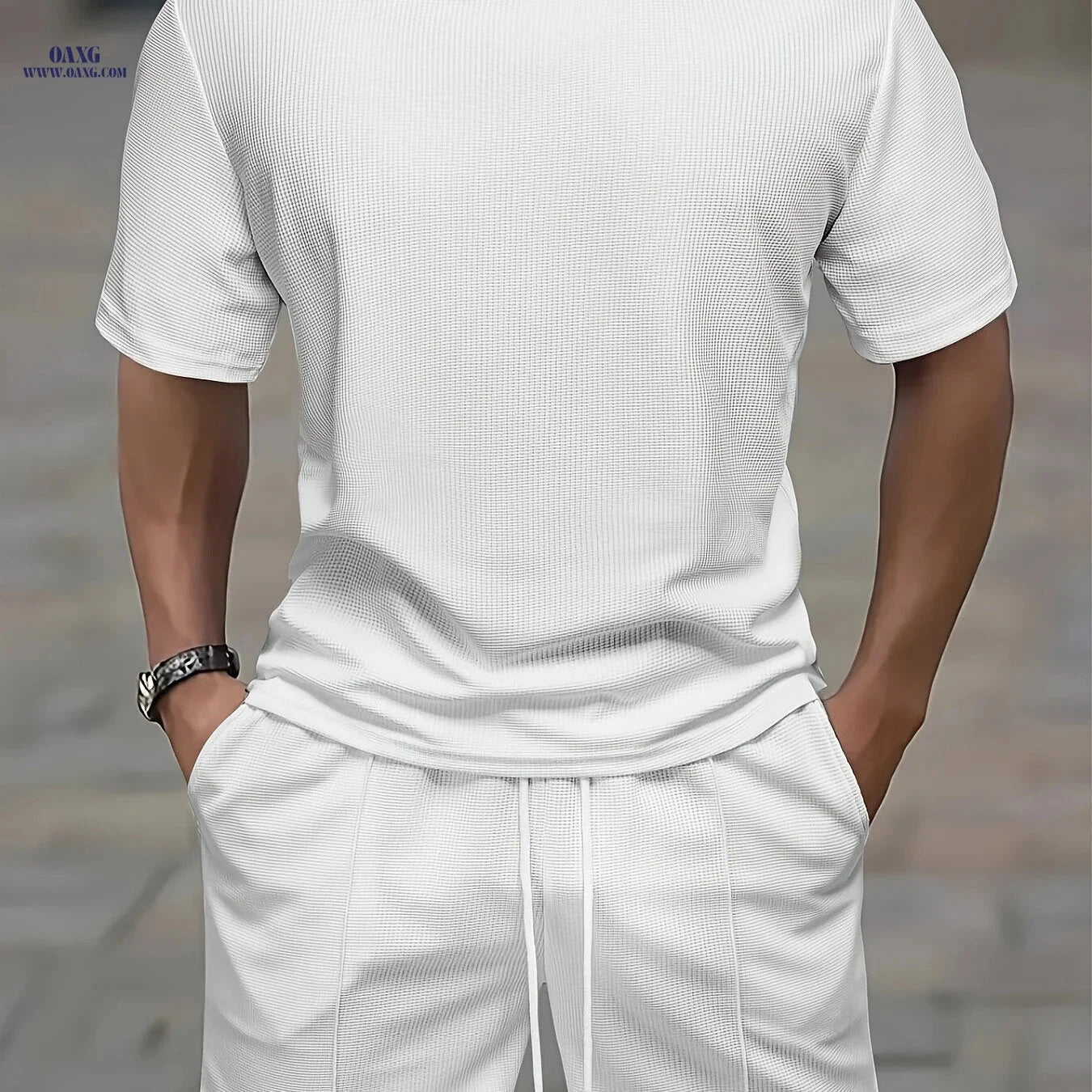 Casual Men’s Waffle Short Sleeve T-Shirt & Drawstring Shorts Set   OAXG 