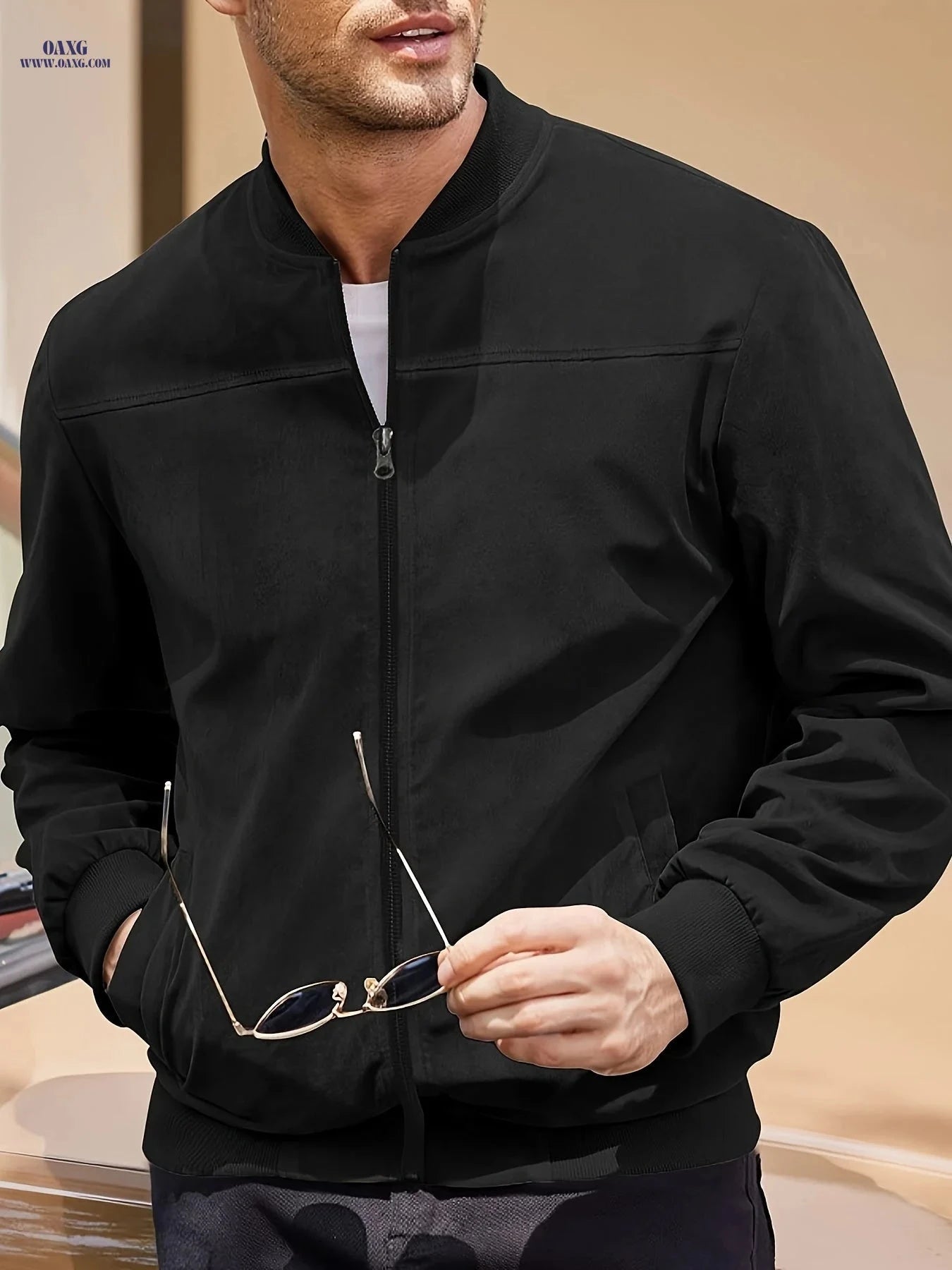 Casual Men's Zipper Jacket - Retro Solid Color with Long Sleeves   OAXG 