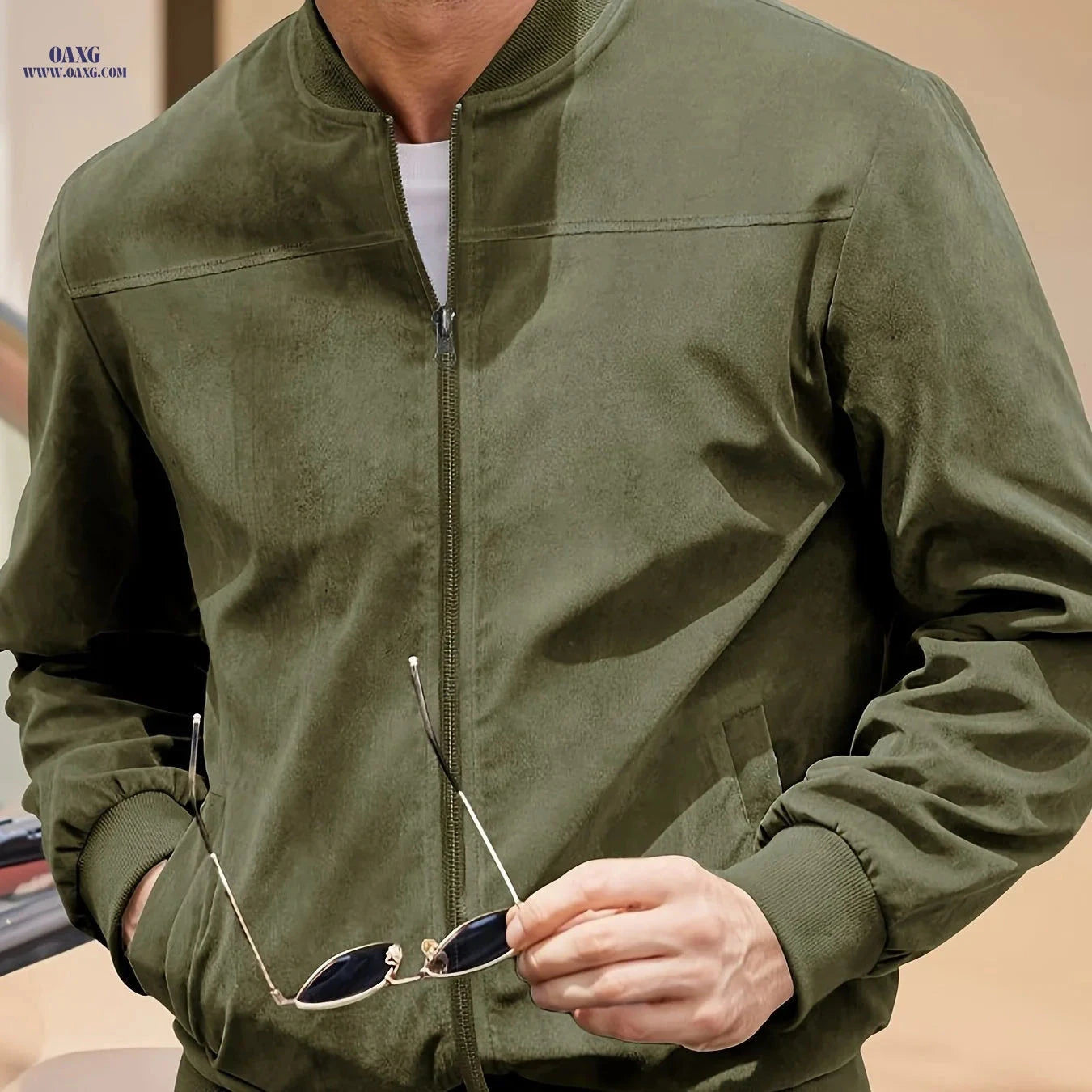 Casual Men's Zipper Jacket - Retro Solid Color with Long Sleeves   OAXG 