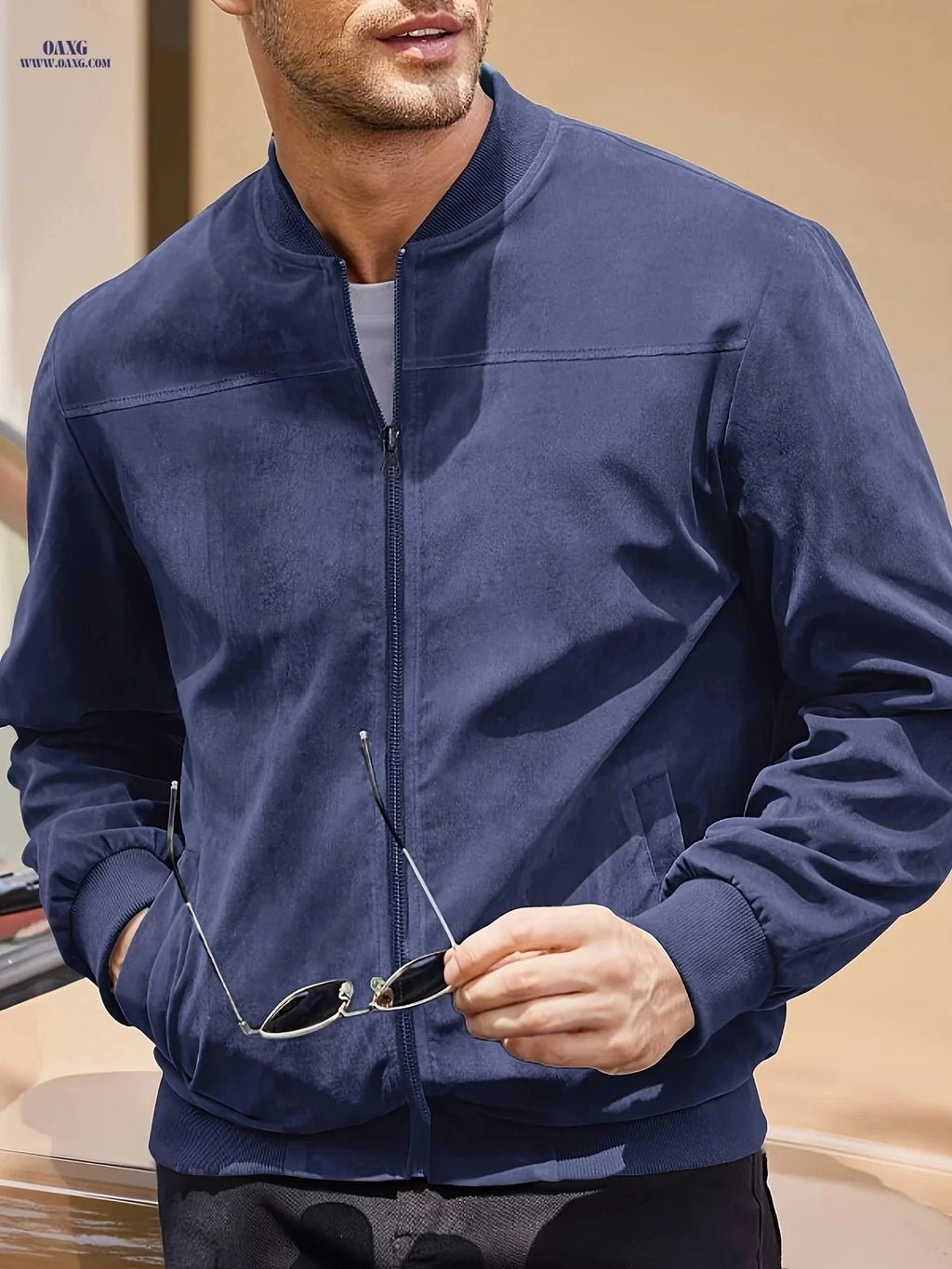 Casual Men's Zipper Jacket - Retro Solid Color with Long Sleeves   OAXG 