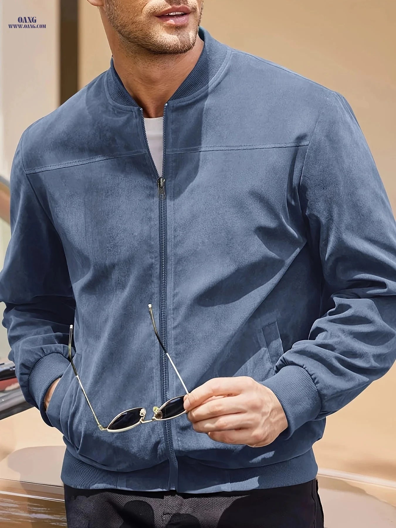 Casual Men's Zipper Jacket - Retro Solid Color with Long Sleeves   OAXG 