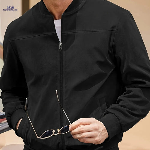 Casual Men's Zipper Jacket - Retro Solid Color with Long Sleeves   OAXG Black / FR S