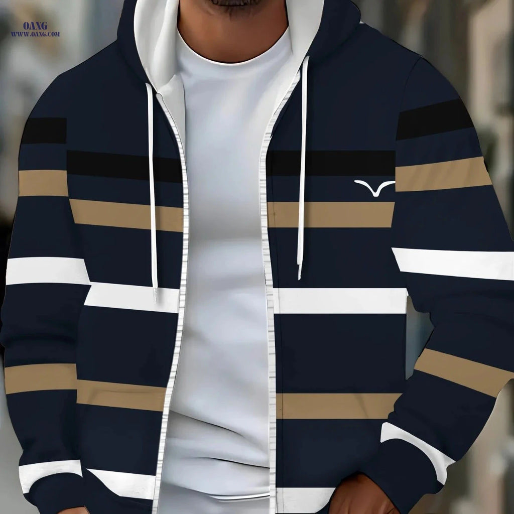 Casual Navy Blue Hoodie with Stripes - Lightweight & Comfortable Wear   OAXG 