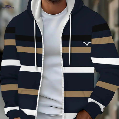Casual Navy Blue Hoodie with Stripes - Lightweight & Comfortable Wear   OAXG 