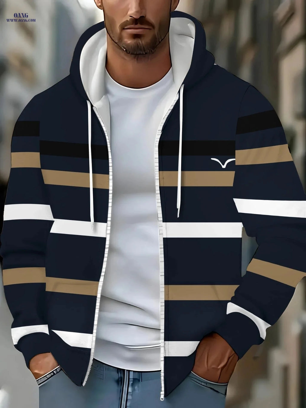 Casual Navy Blue Hoodie with Stripes - Lightweight & Comfortable Wear   OAXG Multicolor / FR M