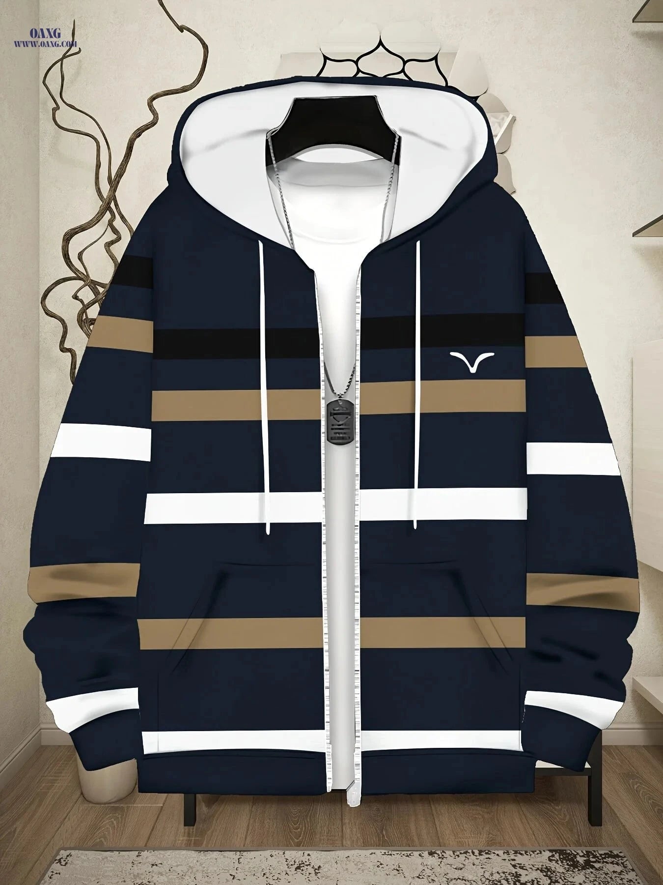 Casual Navy Blue Hoodie with Stripes - Lightweight & Comfortable Wear   OAXG Multicolor / FR M