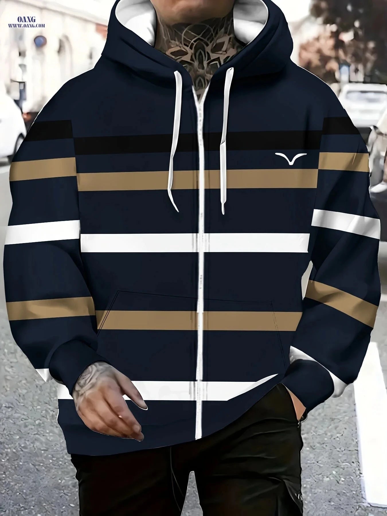 Casual Navy Blue Hoodie with Stripes - Lightweight & Comfortable Wear   OAXG Multicolor / FR M