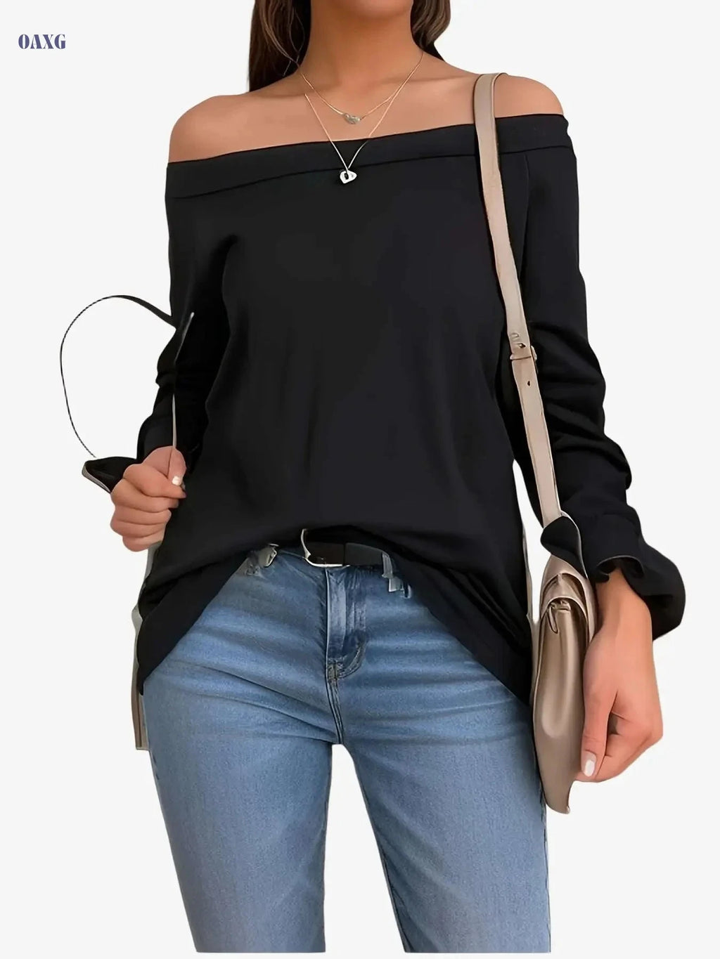 Casual Off-Shoulder Long Sleeve T-Shirt - Stylish Spring & Fall Top   OAXG Black / S