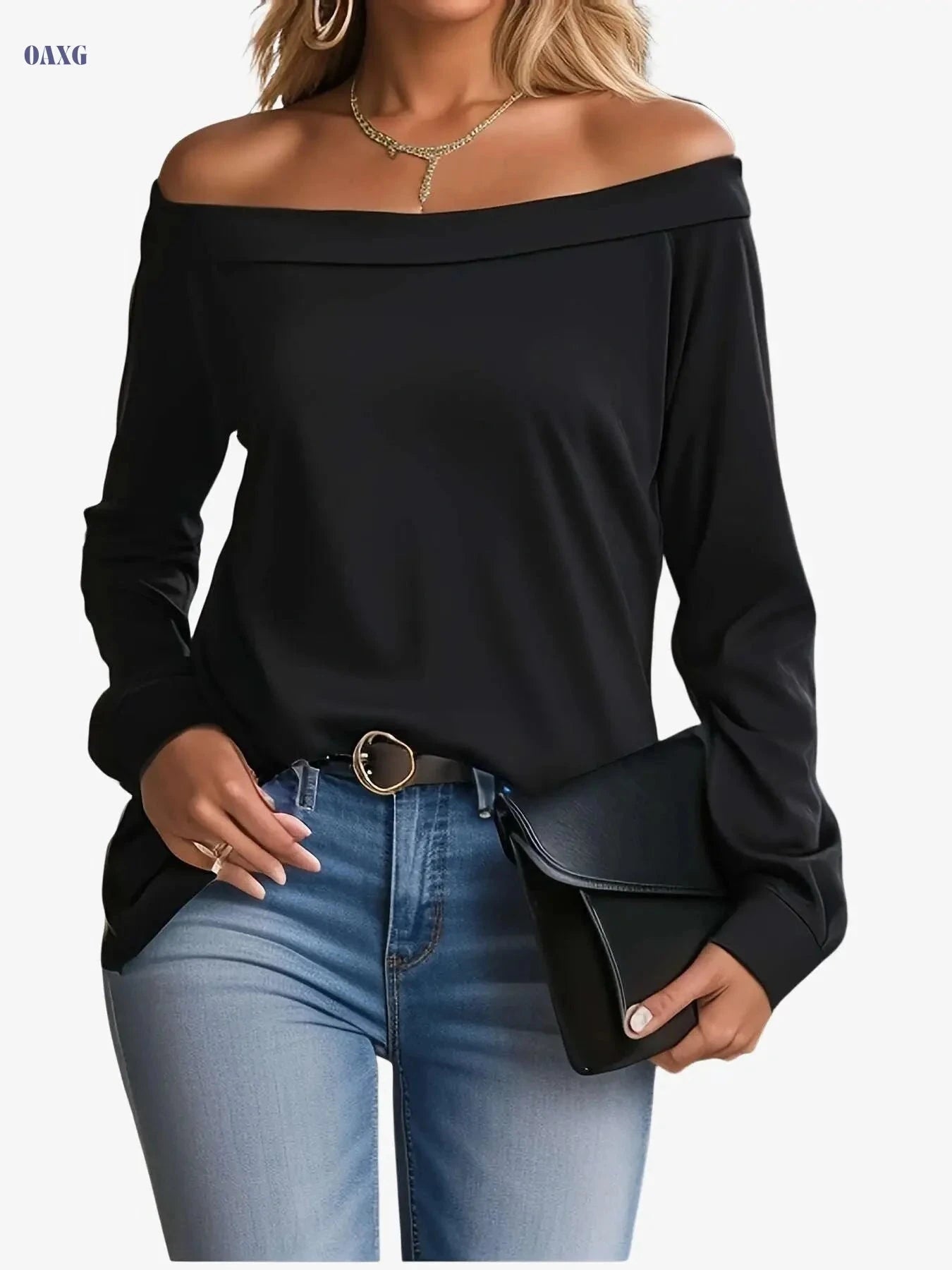 Casual Off-Shoulder Long Sleeve T-Shirt - Stylish Spring & Fall Top   OAXG Black / S