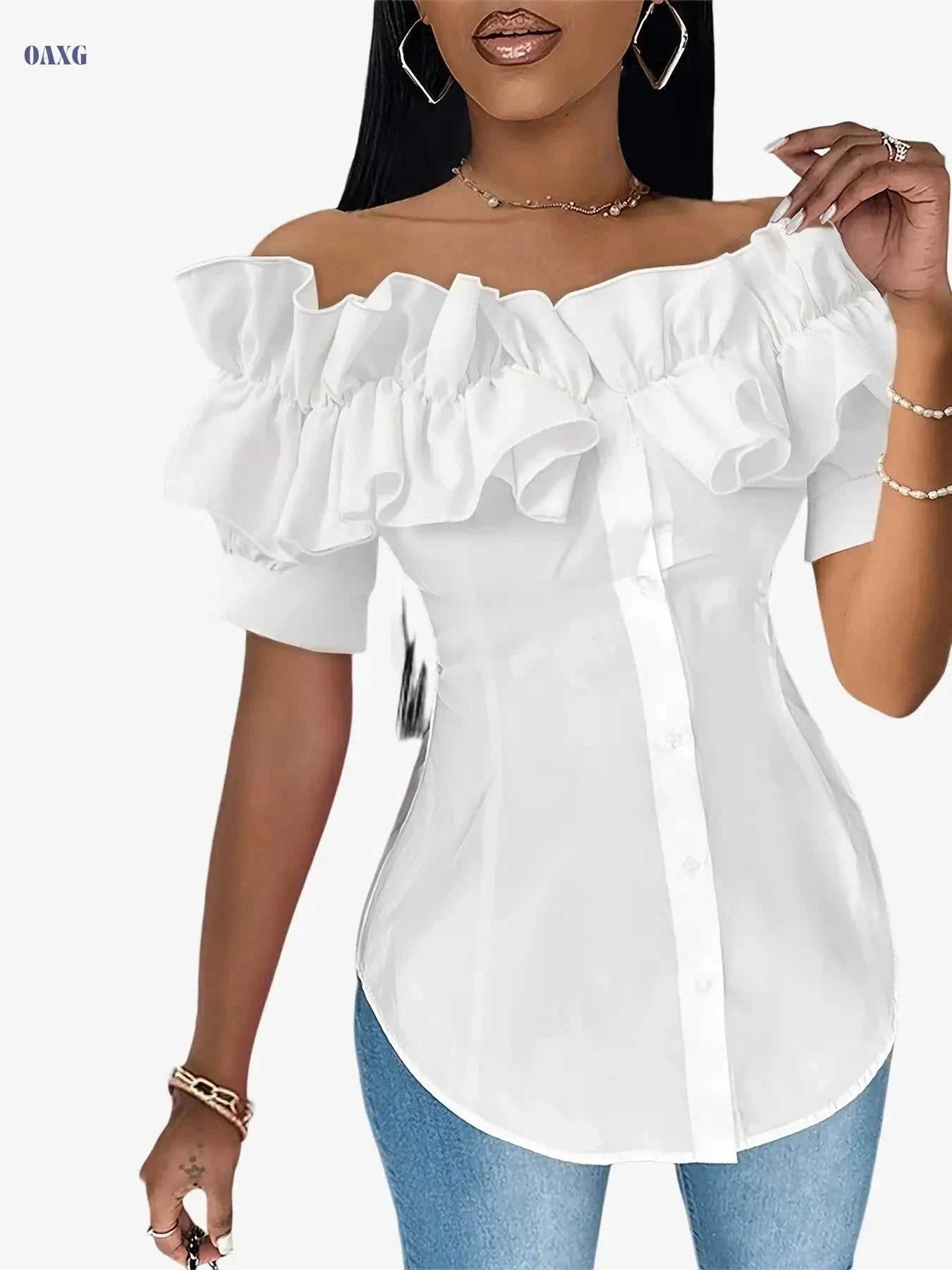 Casual Off-the-Shoulder Ruffle Short-Sleeve Shirt - Summer Style   OAXG 