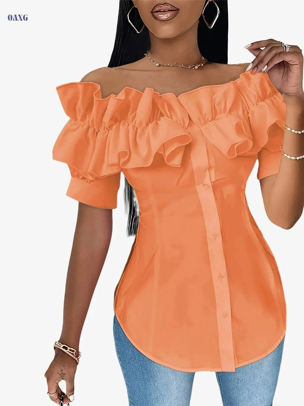 Casual Off-the-Shoulder Ruffle Short-Sleeve Shirt - Summer Style   OAXG 