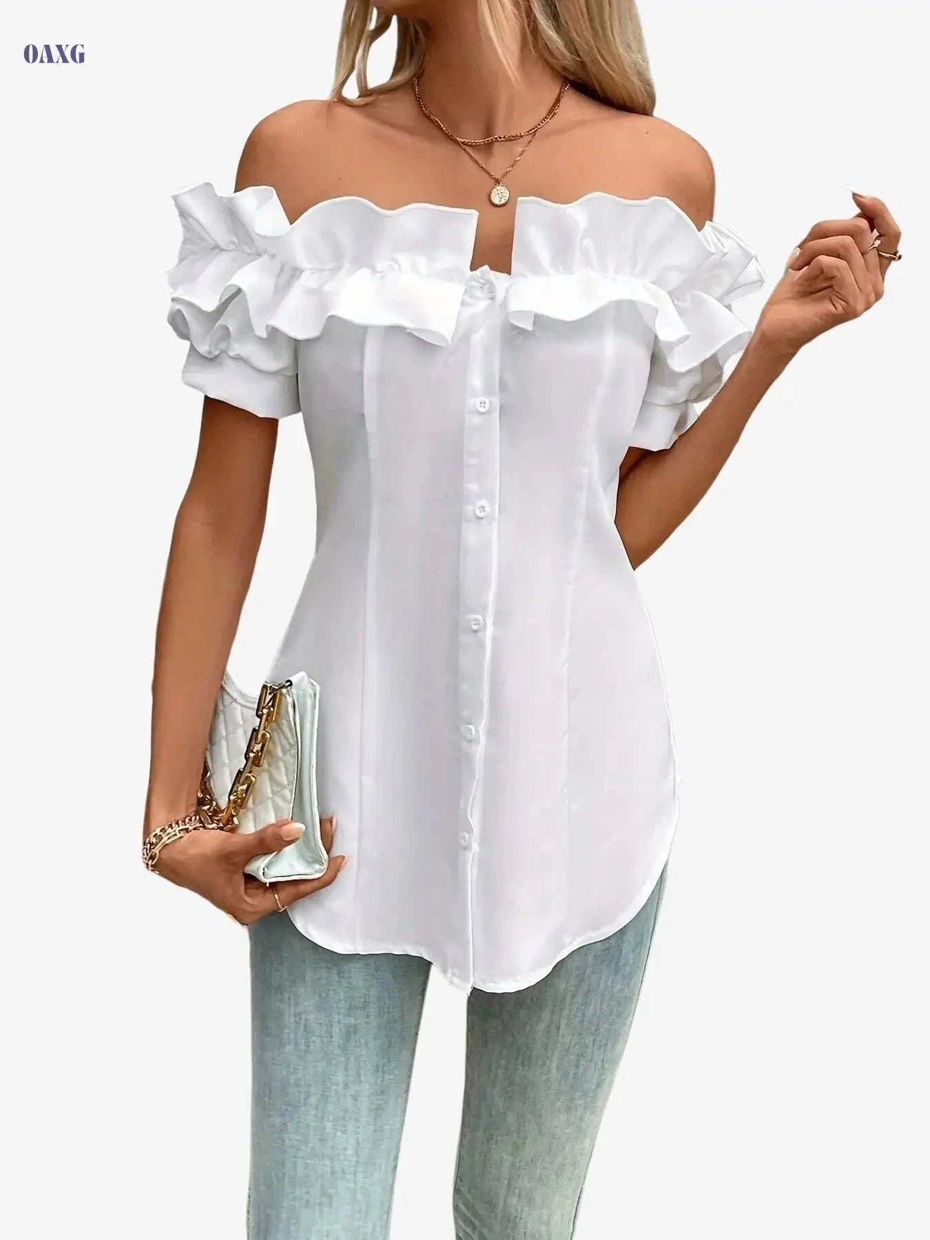 Casual Off-the-Shoulder Ruffle Short-Sleeve Shirt - Summer Style   OAXG 