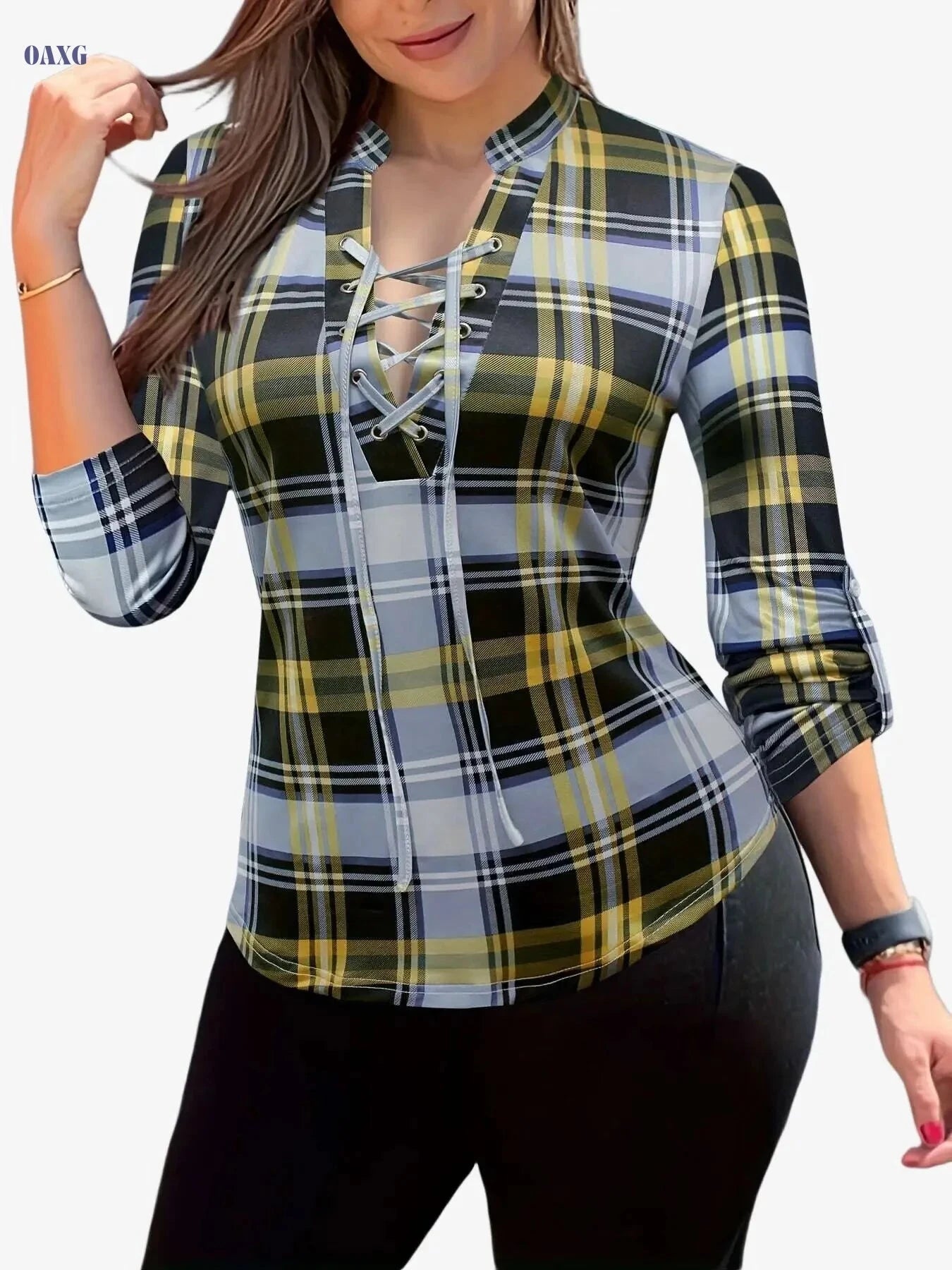 Casual Plaid Print Drawstring Blouse - Long Sleeve V-Neck Top   OAXG 