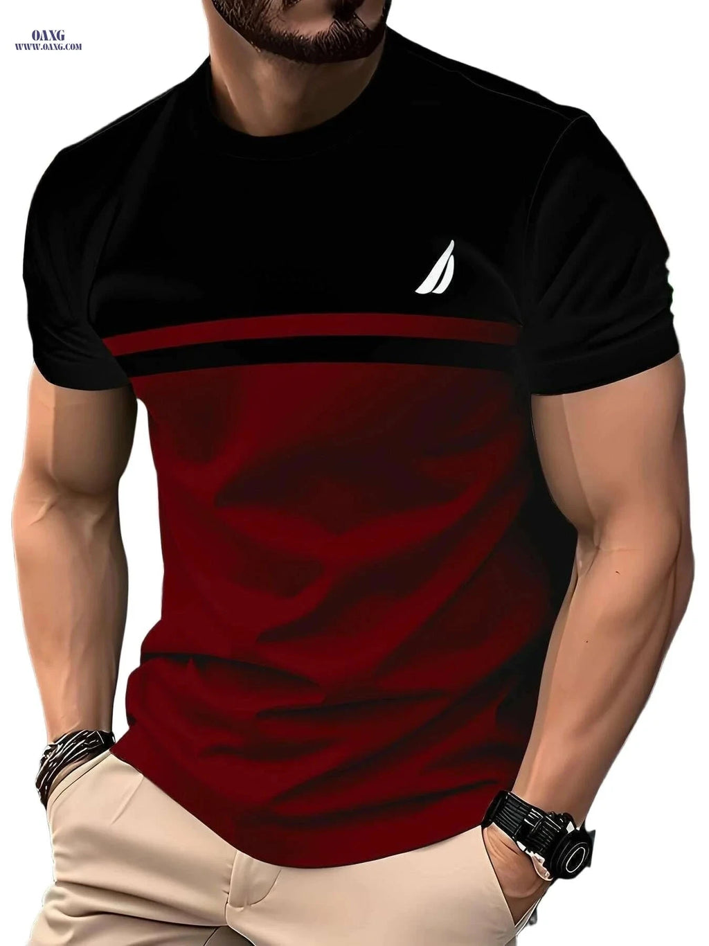 Casual Polyester Men's Tee - Crew Neck, Regular Fit, Striped Style   OAXG Mixed Color / S