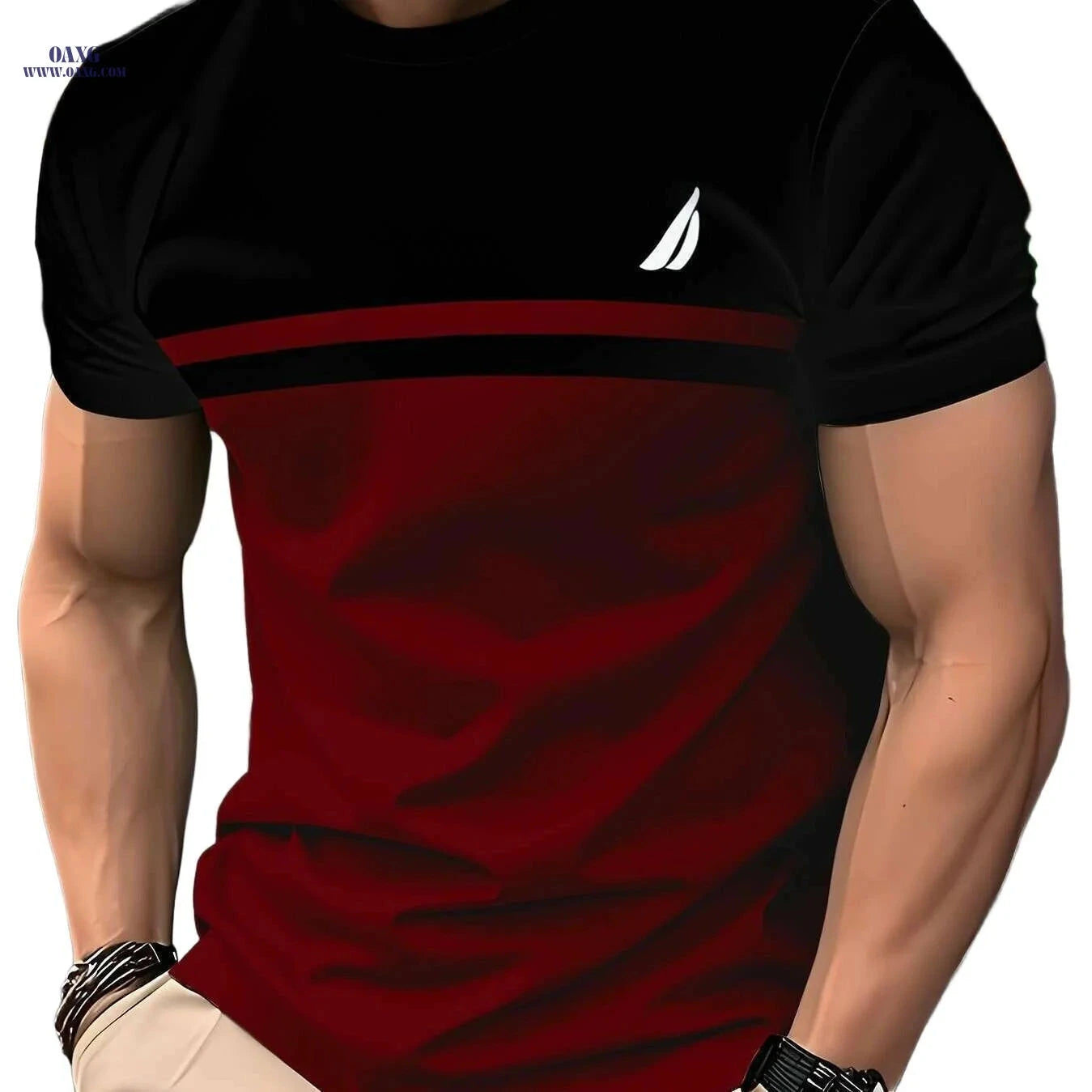 Casual Polyester Men's Tee - Crew Neck, Regular Fit, Striped Style   OAXG 