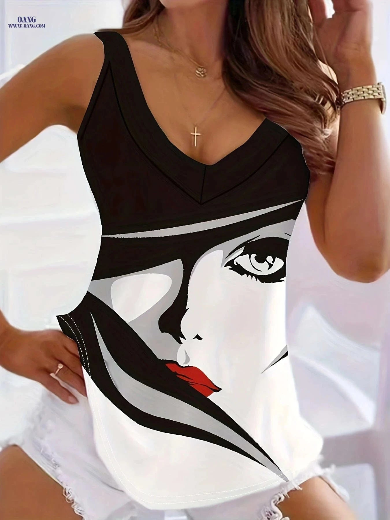 Casual Printed V-Neck Camisole Tank Top - Semi-Sheer Stylish Vest   OAXG 