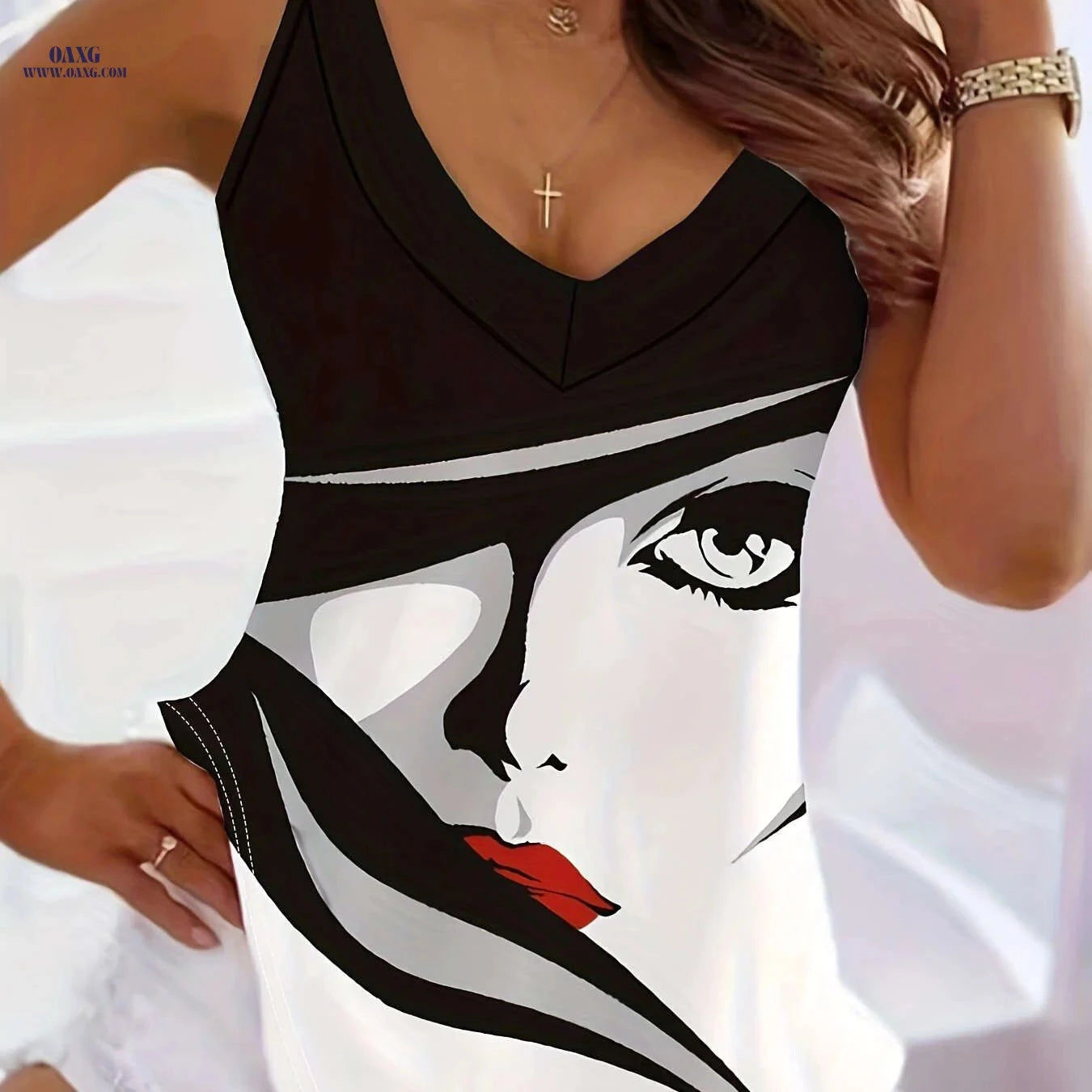 Casual Printed V-Neck Camisole Tank Top - Semi-Sheer Stylish Vest   OAXG Purple / S