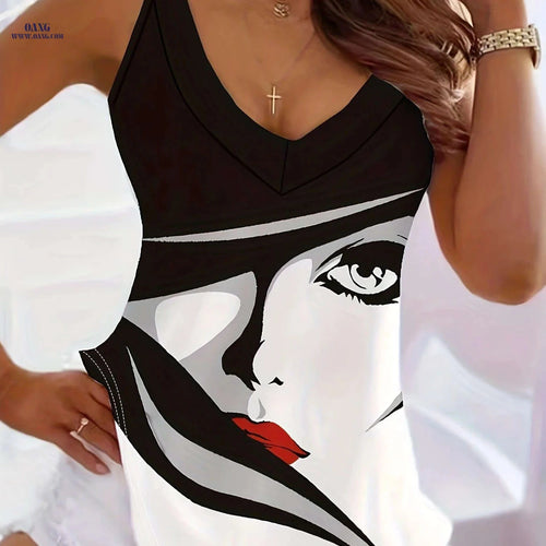 Casual Printed V-Neck Camisole Tank Top - Semi-Sheer Stylish Vest   OAXG Purple / S