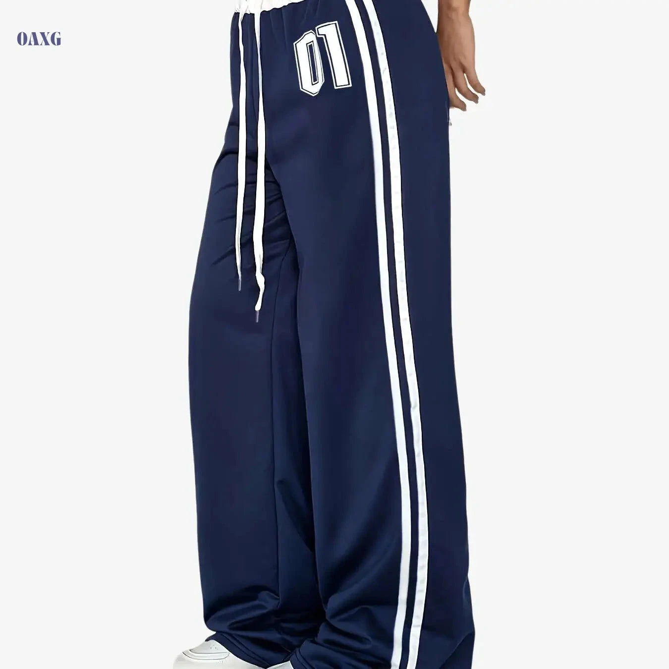 Casual Printed Wide Leg Pants - Medium Stretch, Drawstring Style   OAXG Navy Blue / XS