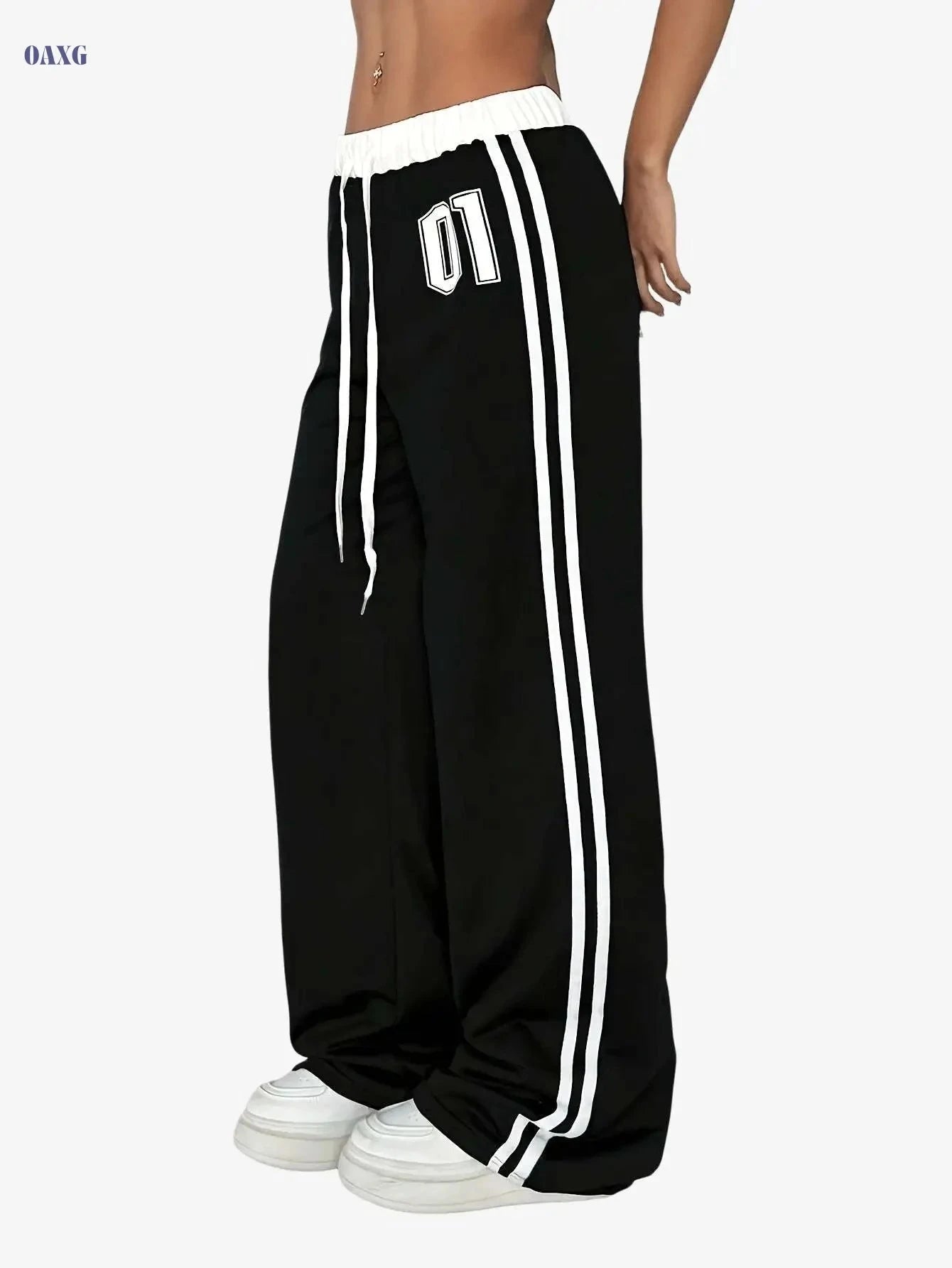 Casual Printed Wide Leg Pants - Medium Stretch, Drawstring Style   OAXG Navy Blue / XS