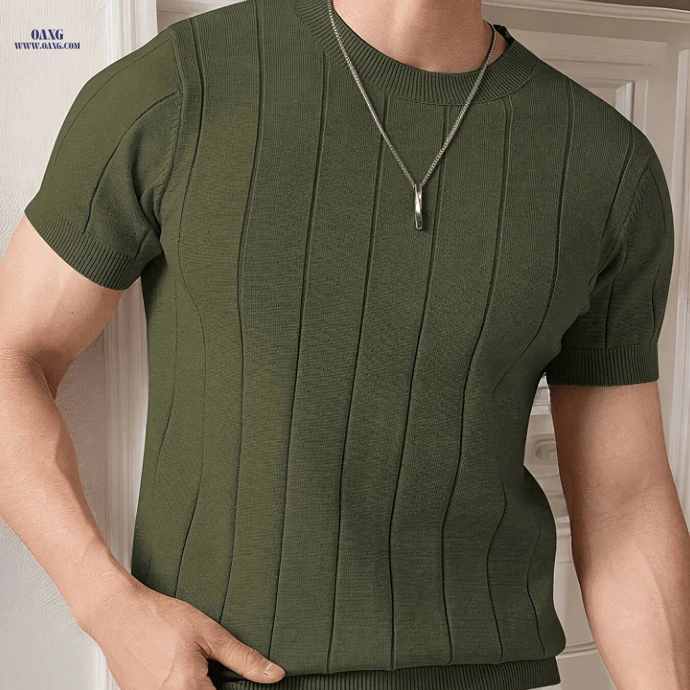 Casual Ribbed Knitted Top for Men - Stylish Short Sleeve Summer Shirt   OAXG 