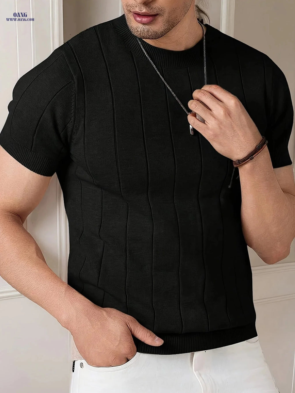 Casual Ribbed Knitted Top for Men - Stylish Short Sleeve Summer Shirt   OAXG 