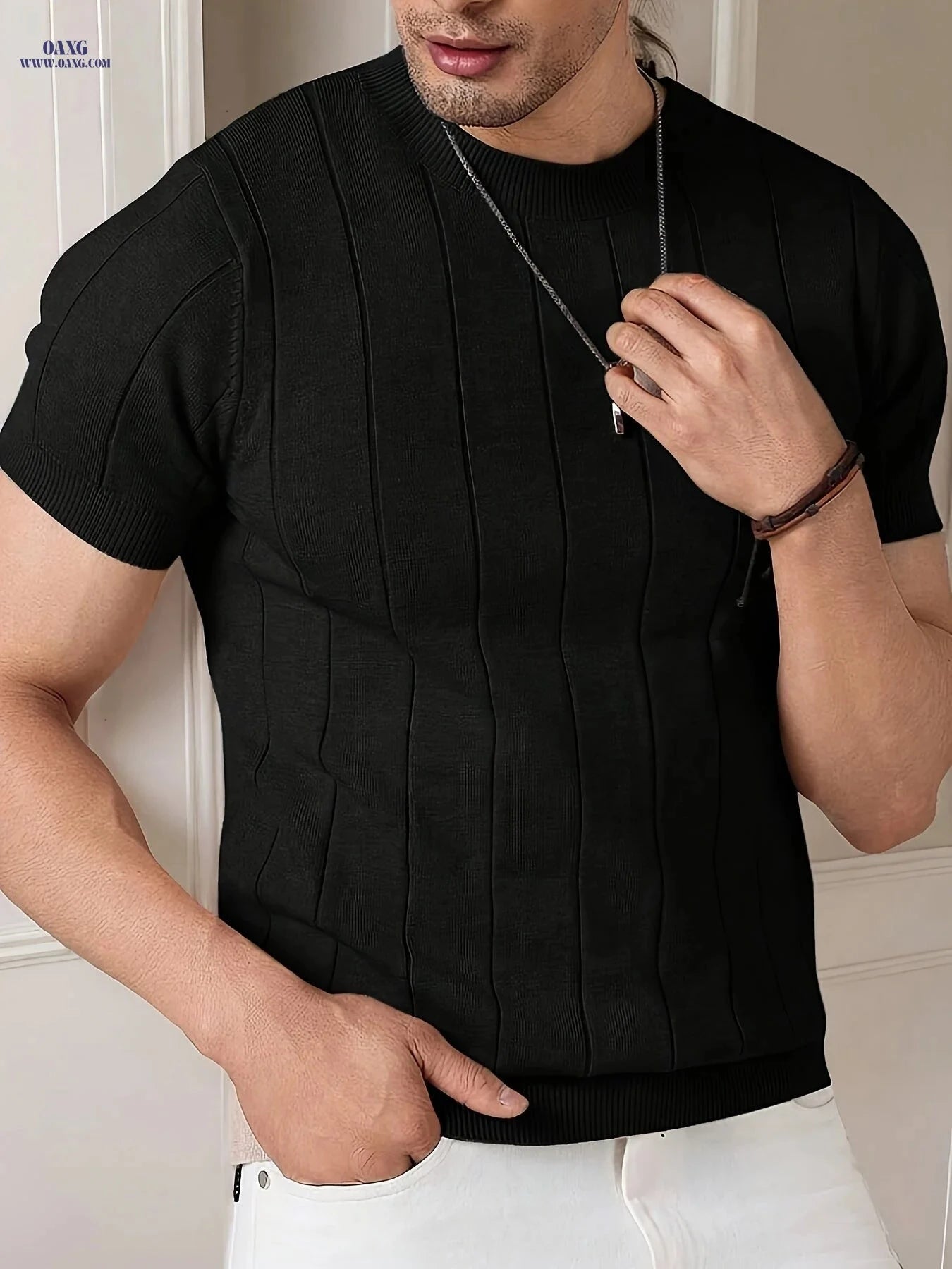 Casual Ribbed Knitted Top for Men - Stylish Short Sleeve Summer Shirt   OAXG 