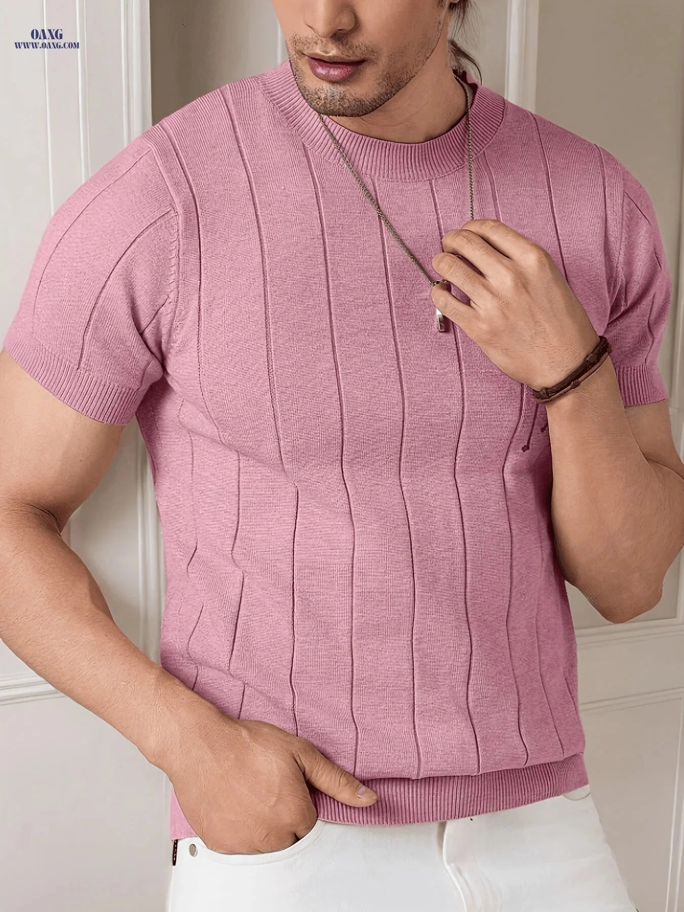 Casual Ribbed Knitted Top for Men - Stylish Short Sleeve Summer Shirt   OAXG 