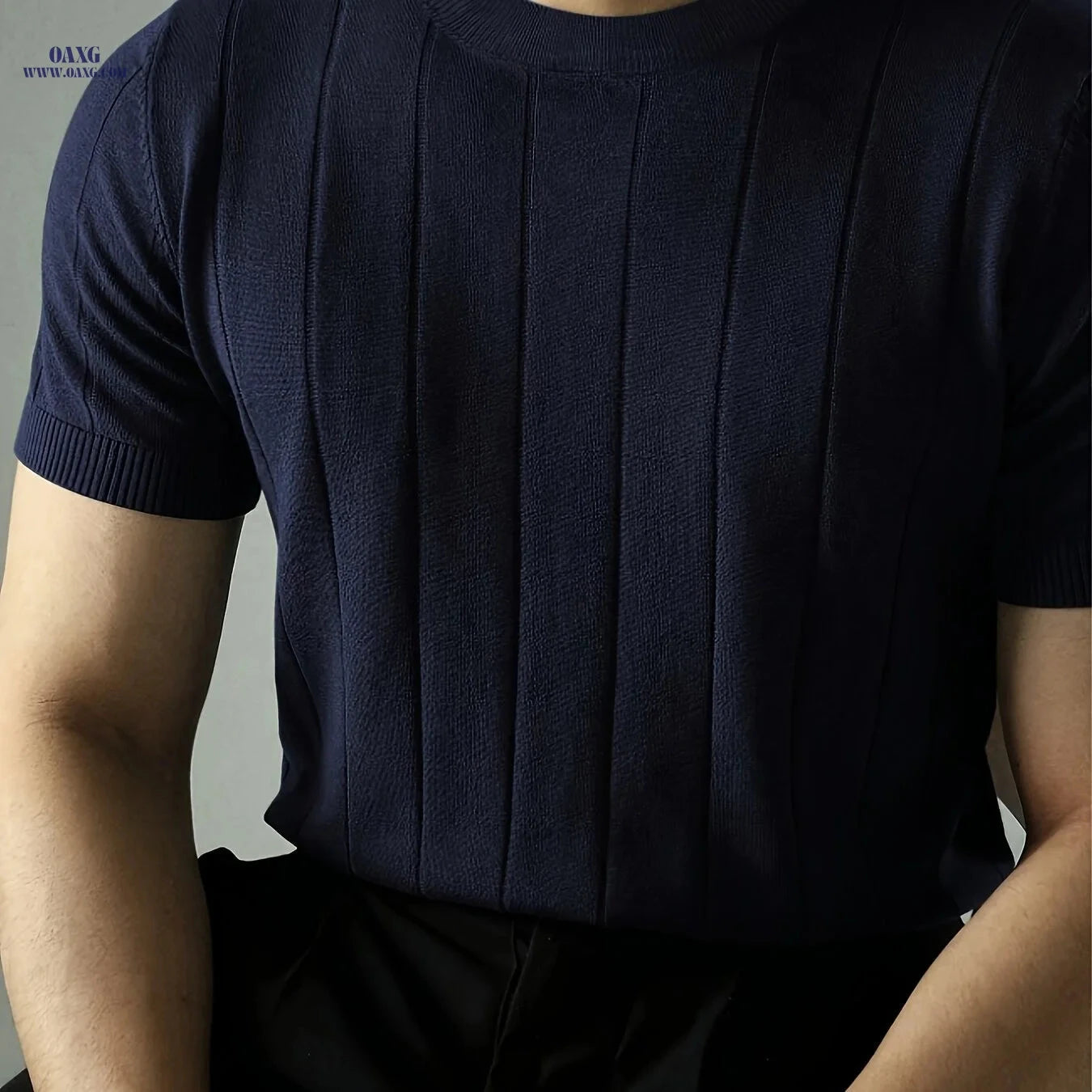 Casual Ribbed Knitted Top for Men - Stylish Short Sleeve Summer Shirt   OAXG 