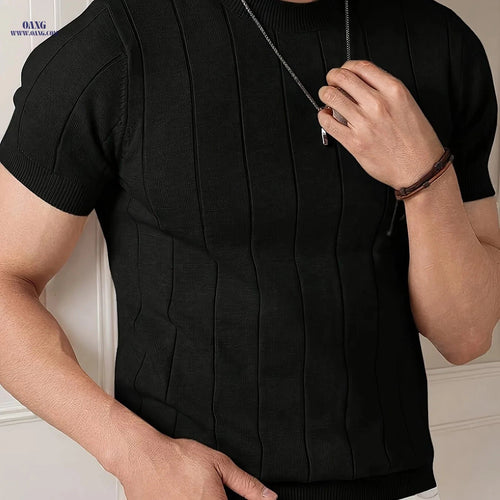 Casual Ribbed Knitted Top for Men - Stylish Short Sleeve Summer Shirt   OAXG 